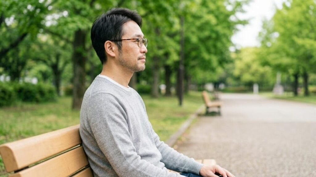 公園のベンチで落ち着いた表情を見せる、ごく一般的な40代の日本人男性。30代・40代それぞれの強みを活かしたマッチングアプリのプロフィール文作成と、大人の余裕を表現したイメージ。