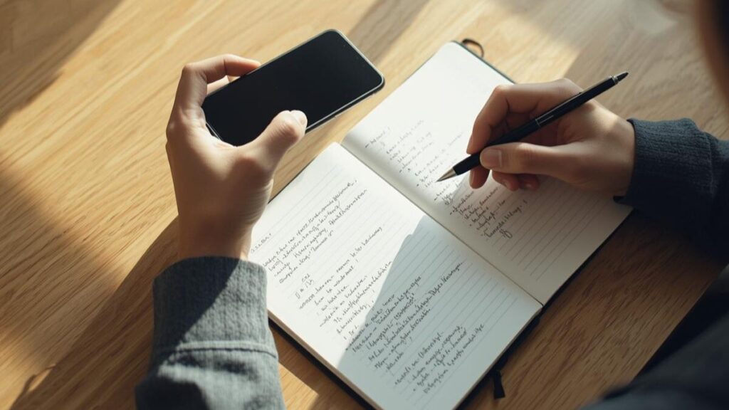 午前中の明るい光が差し込むデスクで、ノートのメモを参考にしながらスマートフォンで丁寧にマッチングアプリのプロフィール文を作成している様子。