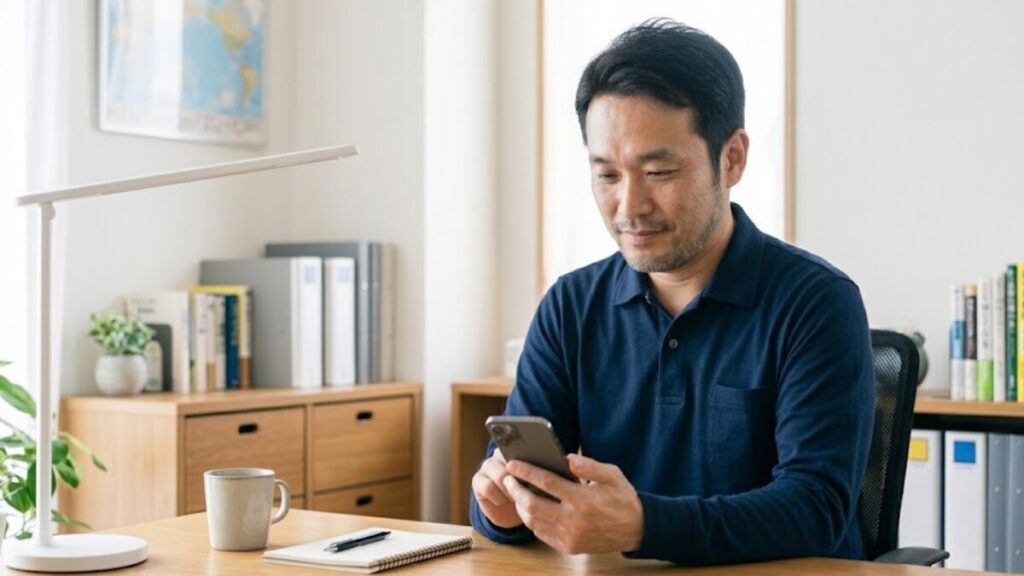 自宅のデスクでスマートフォンを手に、誠実な表情を浮かべる30代の日本人男性。マッチングアプリを始めた理由をポジティブに伝え、真剣に出会いを探している「普通」の男性の日常シーン。