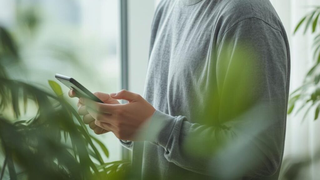 昼間の自然光の中でリラックスし、親しみやすさと少しの遊び心を含ませたマッチングアプリのプロフィール文を考えて微笑む男性の横顔。