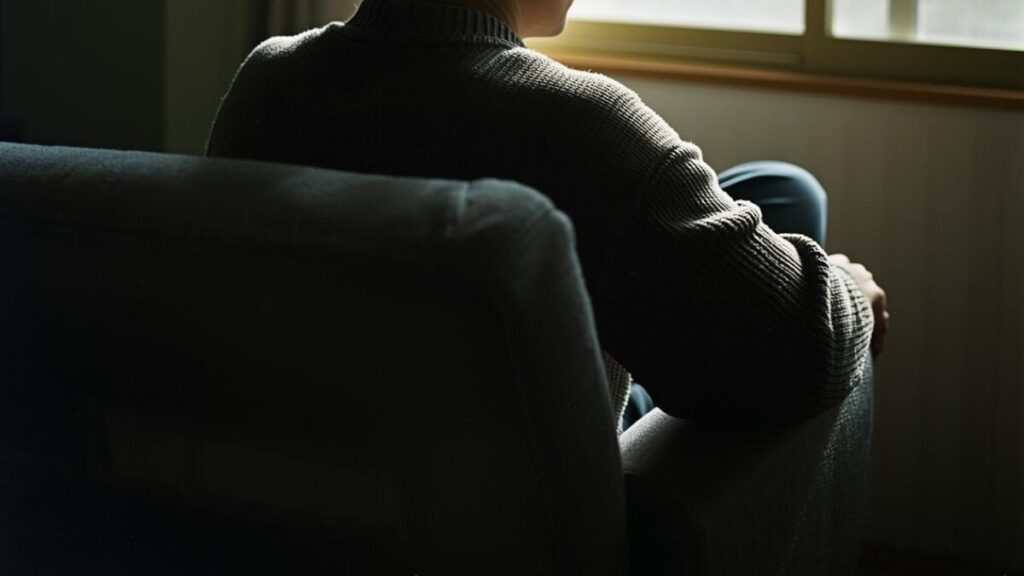 窓辺で静かに外を眺める男性の後ろ姿。顔は見えないが、背中から30代40代の大人の落ち着きと包容力を感じさせる、マッチングアプリのプロフィール文の戦略を象徴する写真。