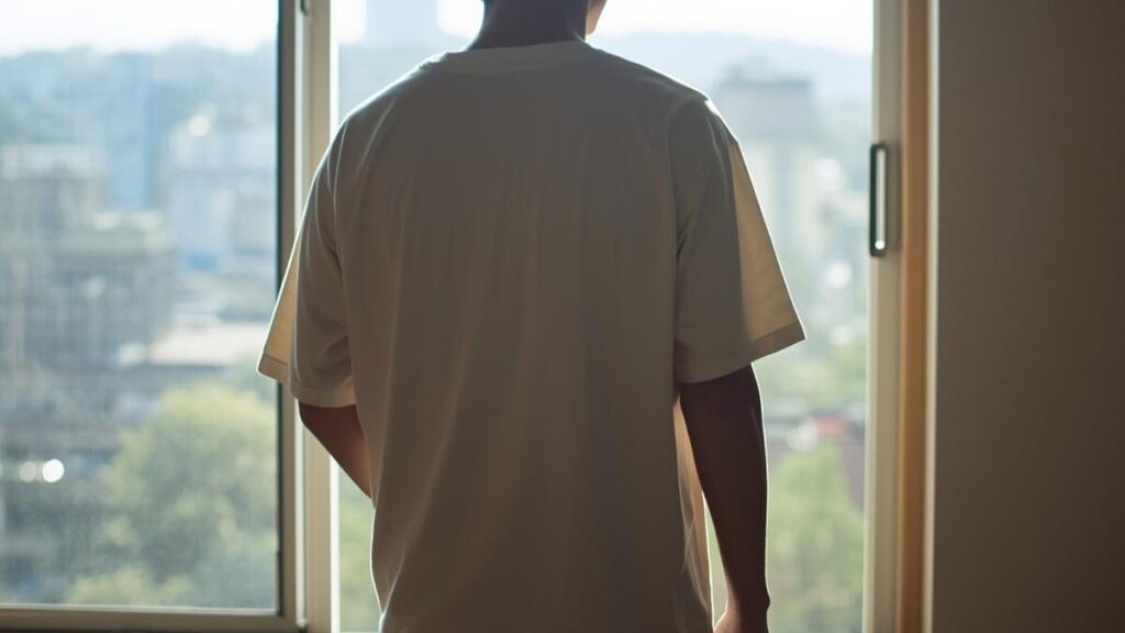 スマートフォンを手に持ちながらも、視線は明るい窓の外の未来に向けている男性の後ろ姿。マッチングアプリを始めた前向きな理由を表現したイメージ。