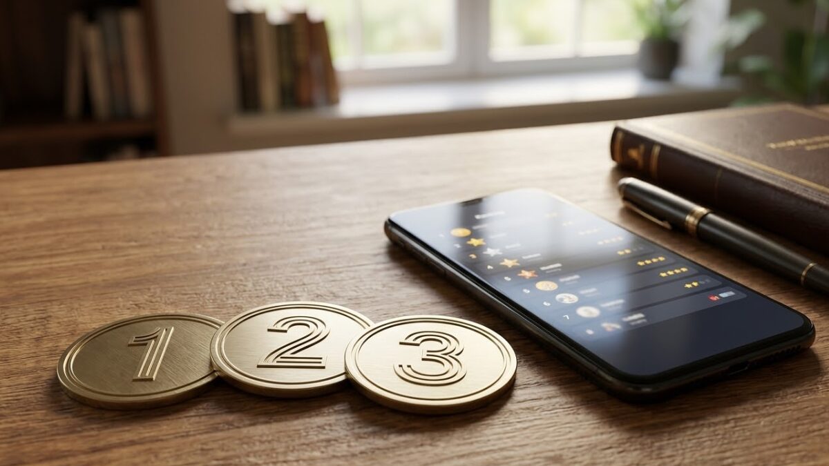 木製デスクに並ぶ1から3の数字メダルとスマートフォン。地方40代マッチングアプリおすすめの情報を、信頼感のある落ち着いたトーンで視覚化したスナップ写真。