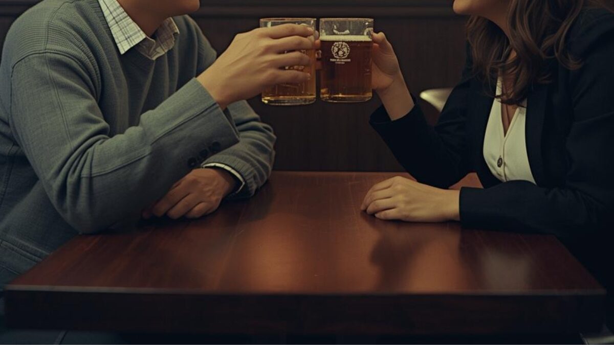 地方の居酒屋でビールを片手に向き合い、楽しそうに笑い合っている40代男性と30代女性。マッチングアプリ攻略の先に待っている、自然体で幸せな出会いを象徴する写真。