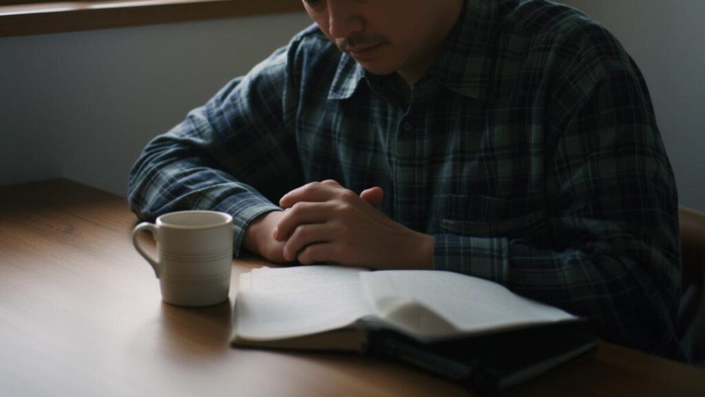 窓辺の静かな部屋でコーヒーを飲みながら考え事をし、地方40代男性のマッチングアプリ攻略に向けたマインドセットを整えている様子。落ち着いた雰囲気の写真。