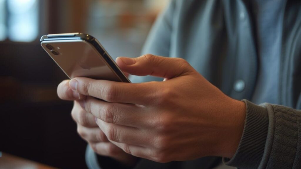 カフェでスマートフォンを操作し、自分に最適なアプリを比較検討している地方40代男性の手元。目的に合わせたマッチングアプリ攻略の第一歩となる自然な写真。