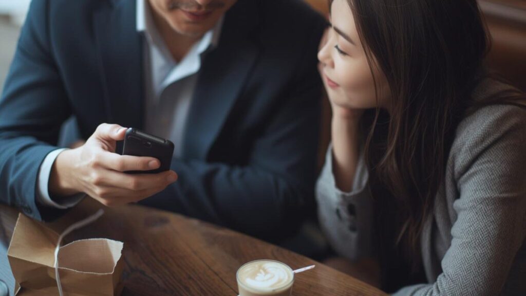 カフェでスマホ画面を見せながら女性と談笑する男性。日記機能を活用することで話題が生まれ、地方40代男性のマッチングアプリ攻略が円滑に進んでいる様子。