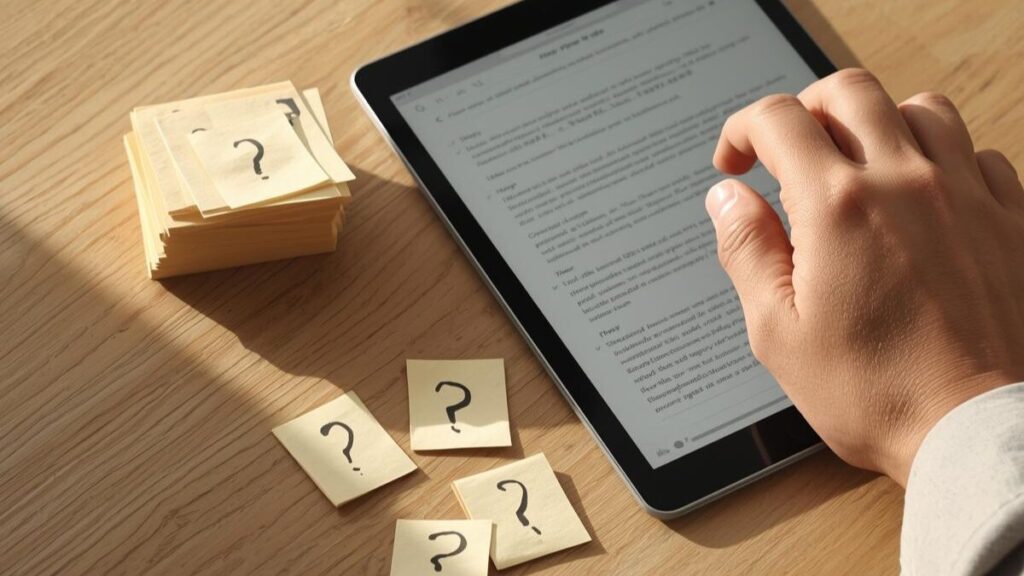 テーブルに置かれた疑問符のメモと回答が表示されたタブレット。地方40代男性のマッチングアプリ攻略における不安や疑問が解消される様子を表現した写真。