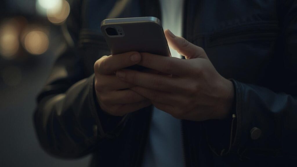 夜の街角でスマートフォンを操作する日本人男性の手元。サクラや業者の実態を調べ、マッチングアプリの安全性について慎重に確認している様子。