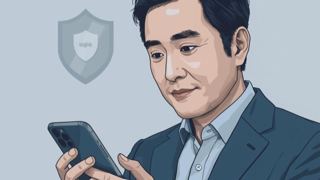 スマートフォンを冷静に操作する40代の日本人男性。マッチングアプリの安全性を高めるための防衛術と自衛の姿勢をイメージしたクリーンなイラストです。