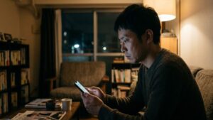 夜のリビングで、スマートフォンを慎重に操作する30代の日本人男性。マッチングアプリの安全性を守るため、運営会社の情報や自衛策を確認している情景です。