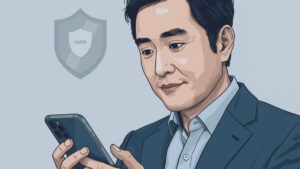 スマートフォンを冷静に操作する40代の日本人男性。マッチングアプリの安全性を高めるための防衛術と自衛の姿勢をイメージしたクリーンなイラストです。