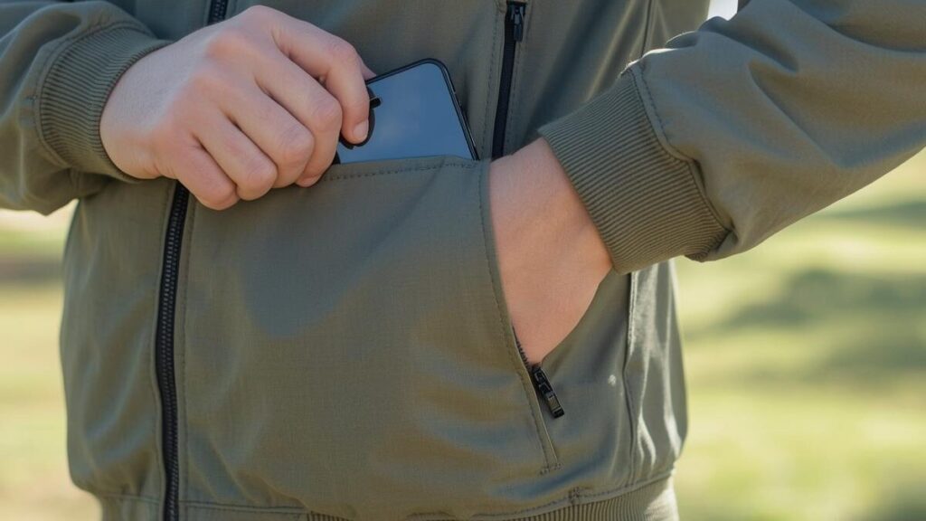 晴れた日の公園で、スマートフォンを上着のポケットにしまい込む標準的な体型の日本人男性。退会時にデータを整理し、マッチングアプリの安全性を維持して利用を終えるイメージ。