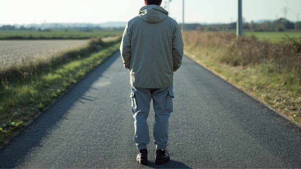 明るい昼間の田舎道に佇む、背中が広めの日本人男性の後ろ姿。地方での身バレを防ぐため、特定されにくい距離感を保ちながらマッチングアプリの安全性に配慮している様子。