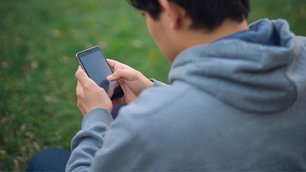 スマートフォンの画面をじっくりと確認している日本人男性の肩越しの構図。運営会社の信頼性を判断するための情報をチェックしているイメージ。