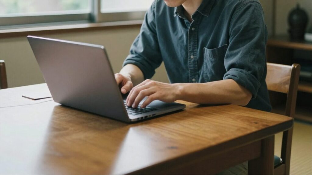 運営会社の信頼性を確かめるため、自宅のテーブルで慎重に情報を確認する男性の様子。マッチングアプリの安全性を判断する大切な瞬間。