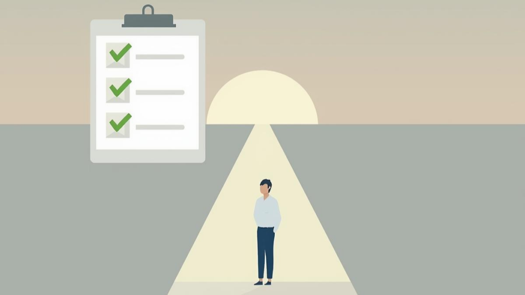 チェックリストを確認し、正しい道を進む男性。マッチングアプリの安全性を確保するための結論と、公的届出を確認する重要性を表現したイラストです。