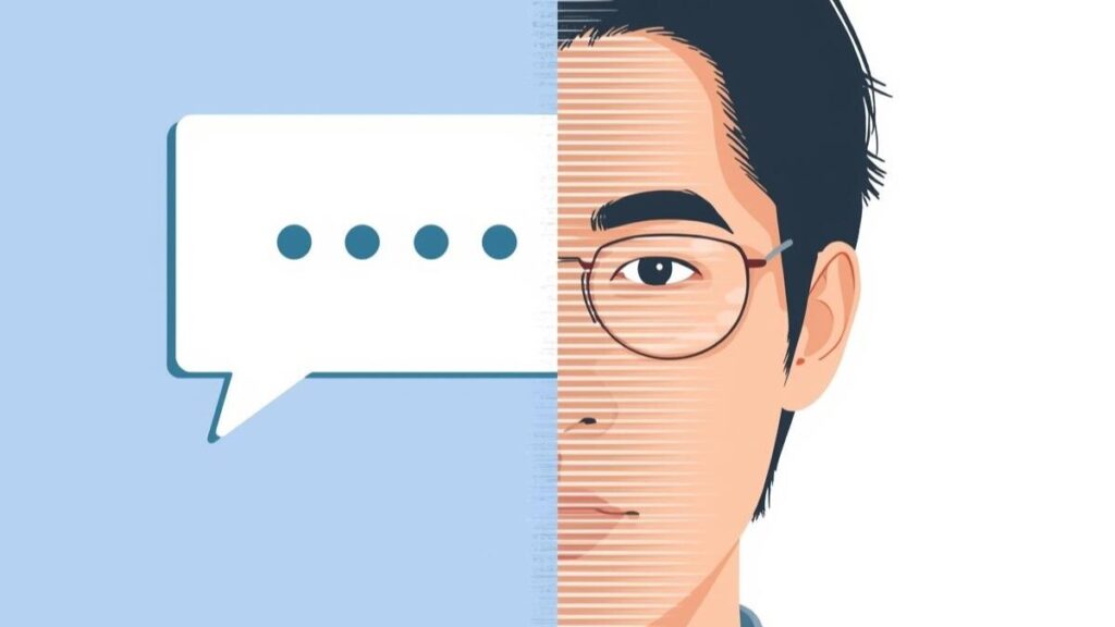 画面上の不自然なメッセージを慎重に見極める様子。マッチングアプリの安全性を脅かす巧妙な業者の手口を警戒し、違和感を探るイメージの線画です。