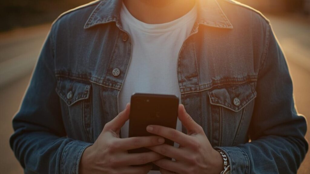 夕暮れ時にスマートフォンを大切に持ち歩く日本人男性の胴体部分。個人情報保護の仕組みを理解し、マッチングアプリの安全性を意識して利用しているイメージ。