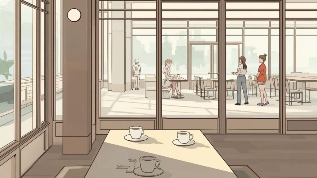 日中の明るいカフェで対面するイメージ。マッチングアプリの安全性を考慮し、密室や飲酒を避けて公共の場で会うリスク回避の様子を描いたイラスト。