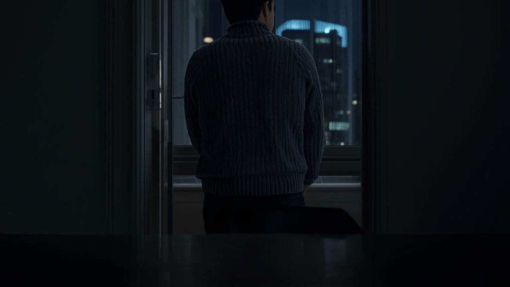 窓の外を眺める日本人男性。甘い言葉による投資詐欺の誘惑を物理的・心理的に遮断し、マッチングアプリの安全性を守る自衛の姿勢。