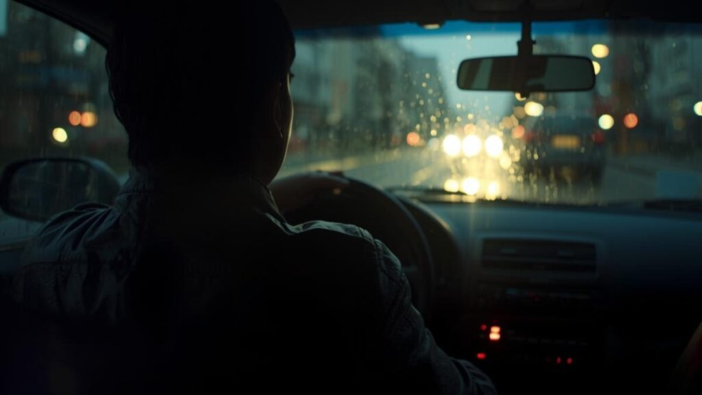 夕暮れの車内、助手席に座り前方を見つめる日本人男性。自ら運転せず相手に委ねることで、密室のリスクを下げて「車デート」のマッチングアプリの安全性を確保している様子。