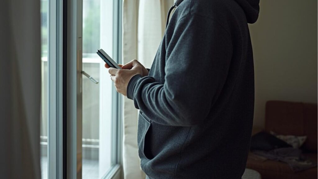 昼間の明るい部屋の窓辺で、外を警戒しながらスマートフォンを持つ、がっしりした体格の日本人男性。ストーカー対策として情報を遮断し、マッチングアプリの安全性を守る自衛の姿。