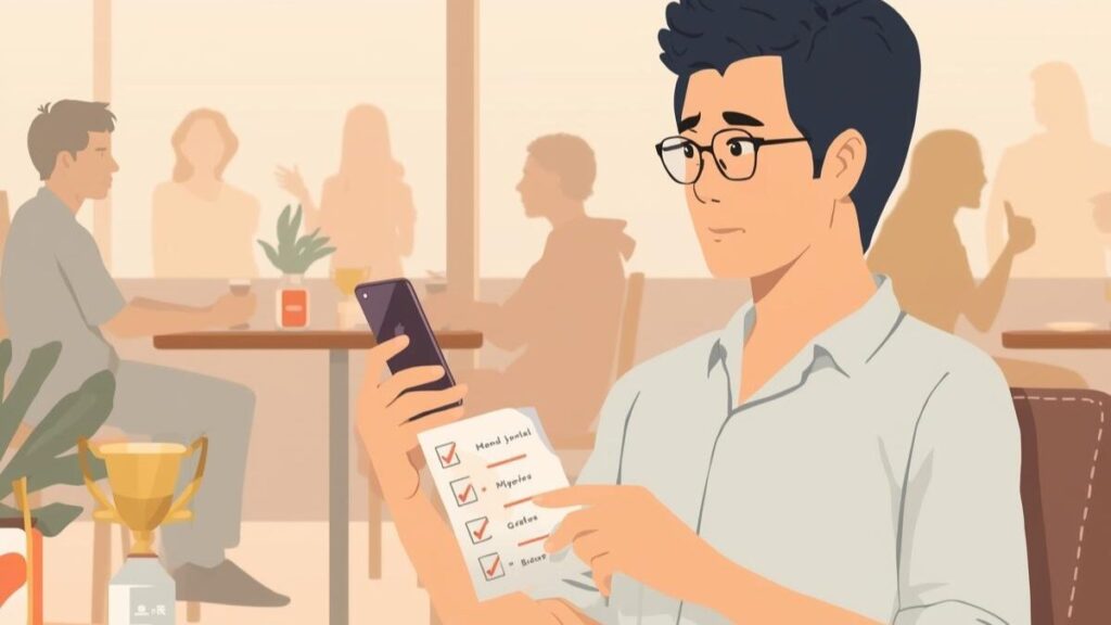 ワクワクメールのレビューの要点として、地方の40代日本人男性が受け身で丁寧に進める考え方を表す画像