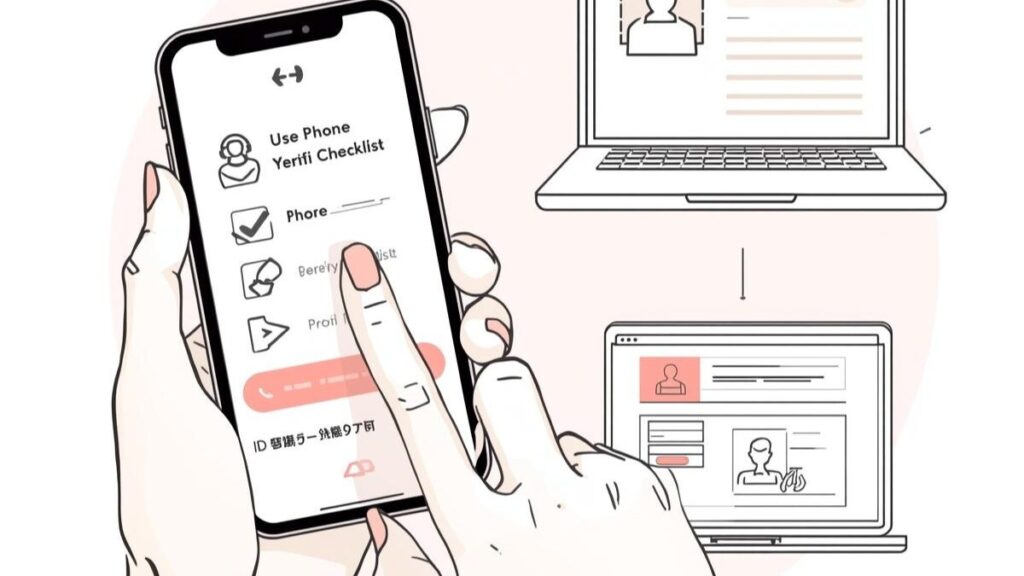 ワクワクメールのレビューの前提として、日本人が登録や年齢確認、初期設定を整える手順を表す画像