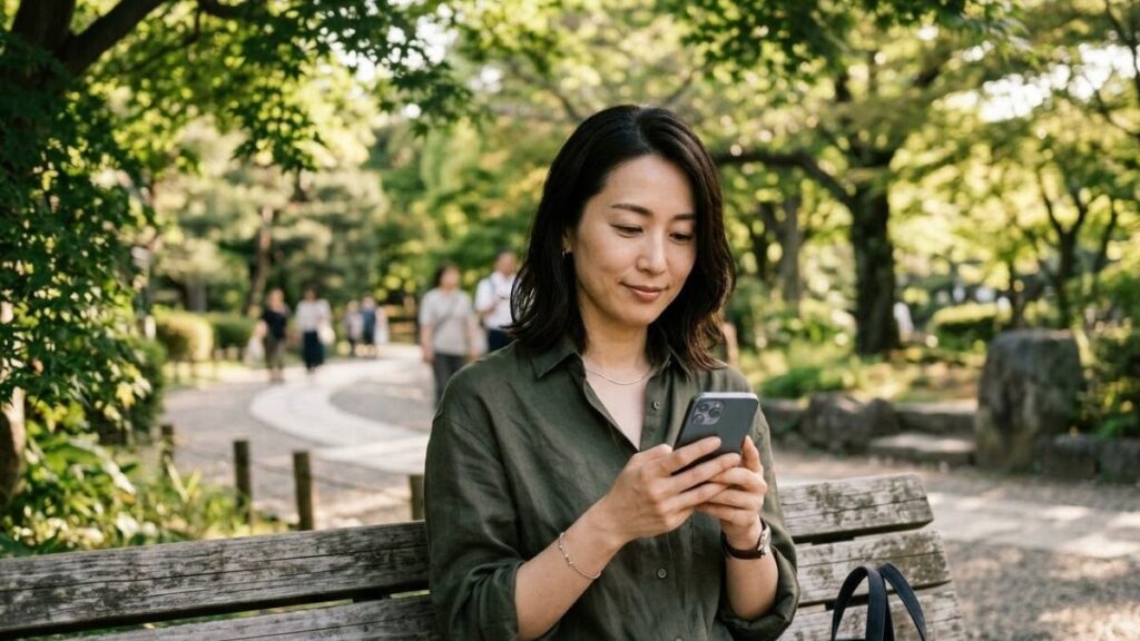 アンジュのレビューを参考にする地方の30代が共感する、自然豊かな公園のベンチでスマホを手に取り、静かな自信を感じさせる柔らかな表情で過ごす大人世代の日本人女性。