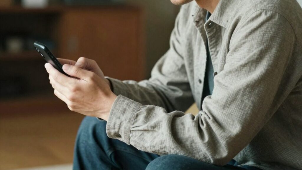 落ち着いた空間でリラックスしてスマホを見る40代男性の様子。マリッシュのレビュー記事のトップ画像として、真剣な再婚活における静かな自信を表現しています。