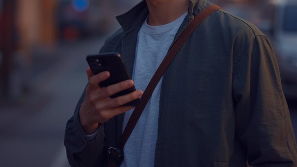 PCMAXのレビュー記事のアイキャッチ画像。落ち着いた雰囲気の40代男性が、夕暮れの中でスマートフォンを操作している様子を写した自然な写真。