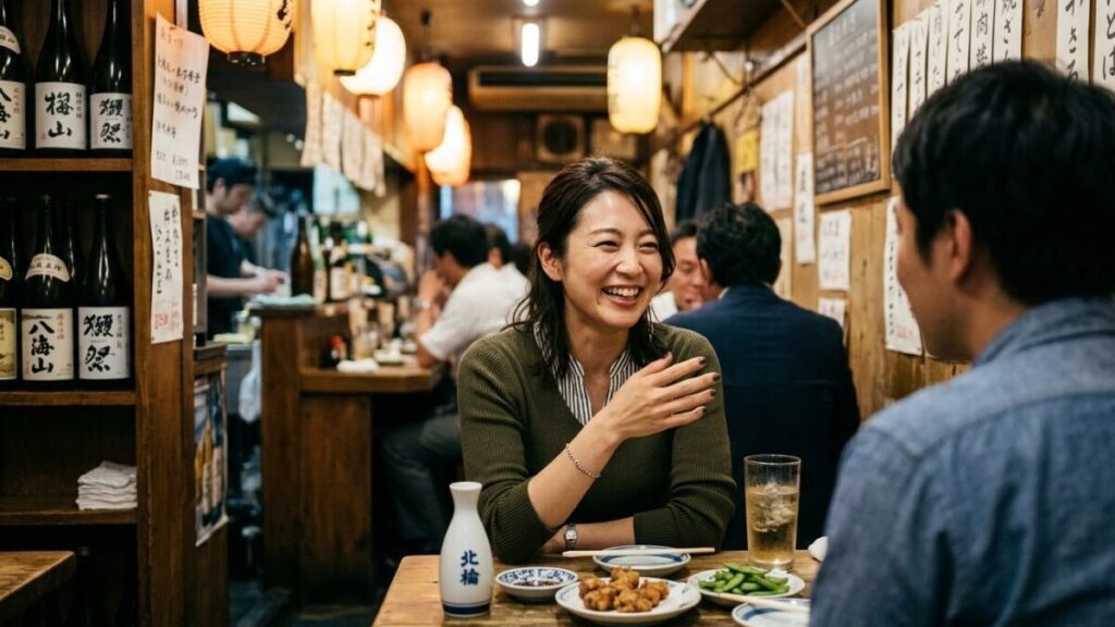 地方都市の落ち着いた居酒屋で、楽しそうに誰かと語らう30代日本人女性の姿。「静かな自信」を漂わせ、内面を重視する交流をテーマにした「シンシアリーユアーズのレビュー」記事のイメージ。