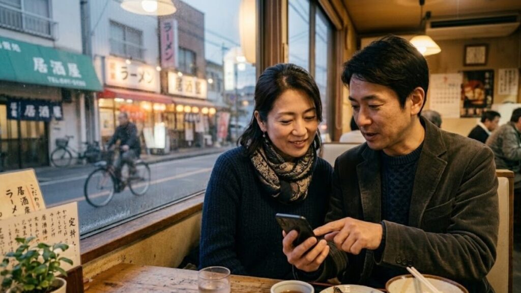 夕暮れの地方都市で、40代の男女がカフェの窓辺に並び、スマホを見ながら静かに微笑む様子。大人の落ち着きと地元の出会いを感じさせるワクワクメールレビューの検証イメージ。
