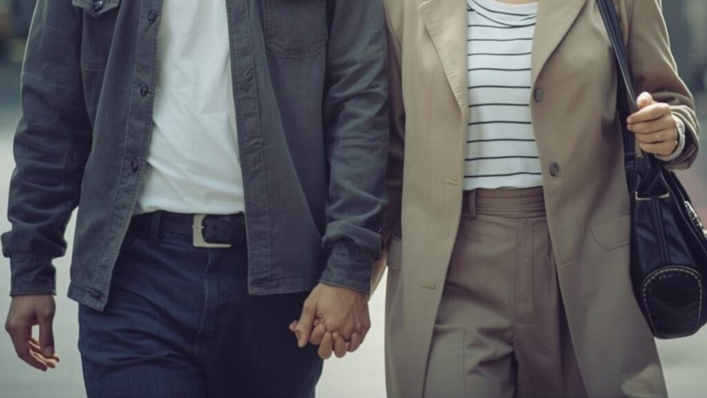 穏やかな表情で手を繋ぎ歩く40代男女の姿。地方での落ち着いた出会いを描いた、ワクワクメールのレビュー記事のアイキャッチ画像です。