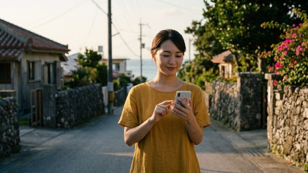 沖縄の海岸近くを散歩しながら、スマートフォンを操作し、静かに微笑む20代後半〜30代前半の日本人女性。大人の落ち着きと、日常の出会いへの期待を感じさせる。YYC（ワイワイシー）レビューの記事のアイキャッチ。