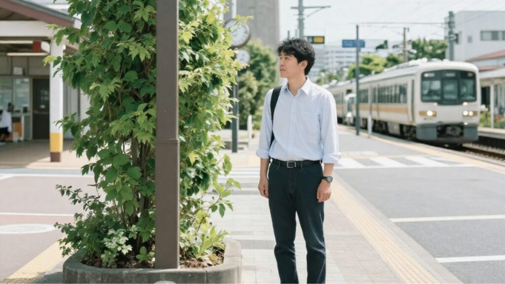 安全性を最優先し、マッチングアプリで会う場所を女性が決める理由に寄り添った、駅前の分かりやすい場所での待ち合わせ風景。