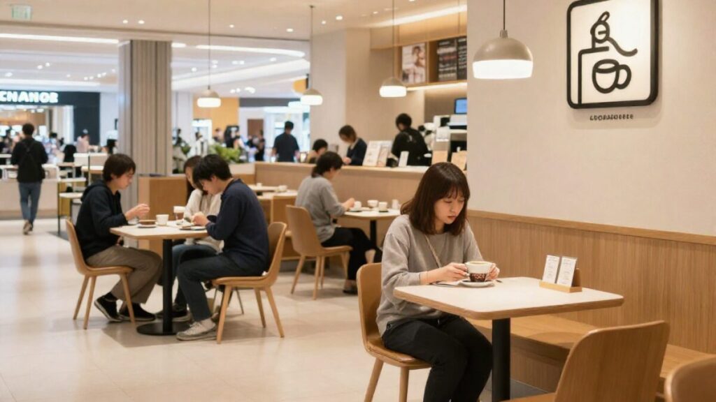 初対面の安心感を重視し、マッチングアプリで会う場所を女性が決める理由に寄り添った明るくオープンな全国チェーンのカフェの風景。