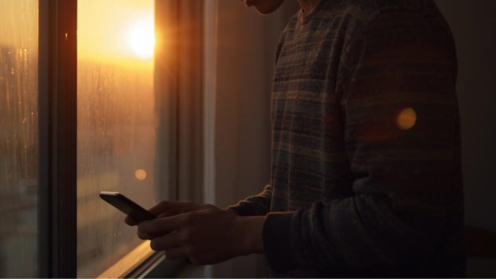 夕暮れの自室で、意を決してスマートフォンで通話をかけようとする30代前半の男性。マッチングアプリで付き合う前のLINEの頻度から親密度を高める一歩。