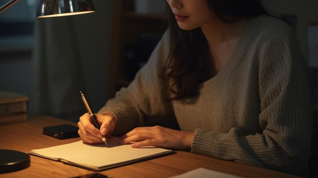 夜のデスクで、相手の気持ちを尊重したメッセージの文章構成をメモ帳とペンで深く考える女性。マッチングアプリで付き合う前のLINEの頻度を維持するための丁寧な配慮。