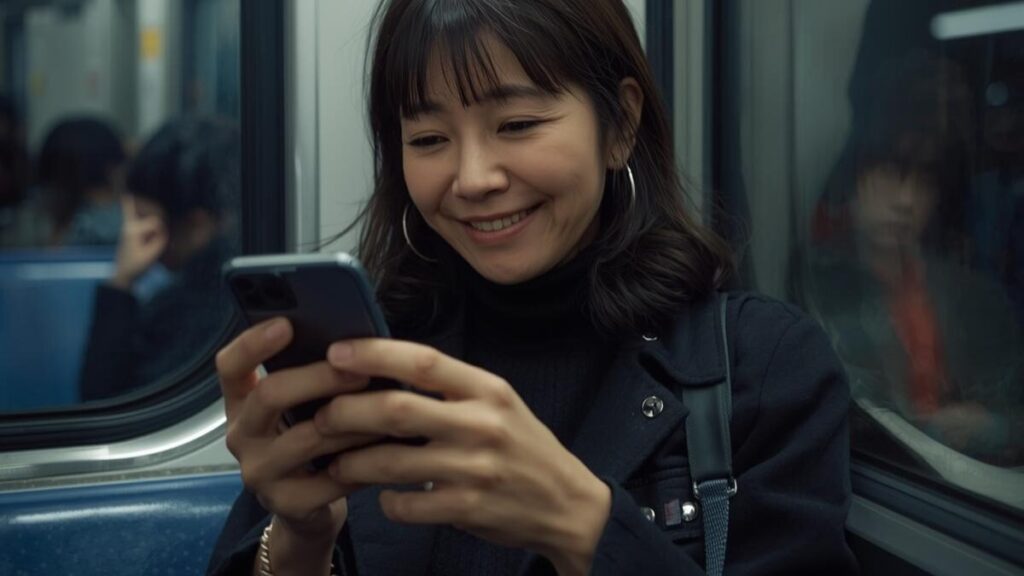 マッチングアプリで付き合う前のLINEの頻度が毎日続く状況に、嬉しさと不安が入り混じった表情でスマホを見る通勤途中の女性。