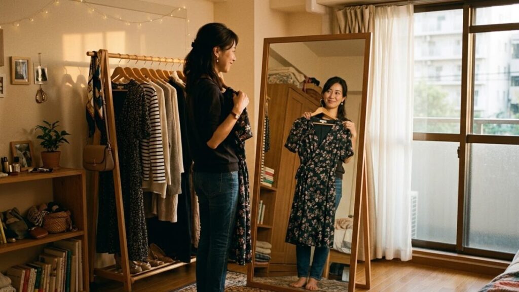 初デートに向けて、鏡の前で服を合わせ、緊張と楽しみが入り混じった表情で見つめる女性。マッチングアプリで付き合う前のLINEの頻度を保ち、当日の期待感を高める。