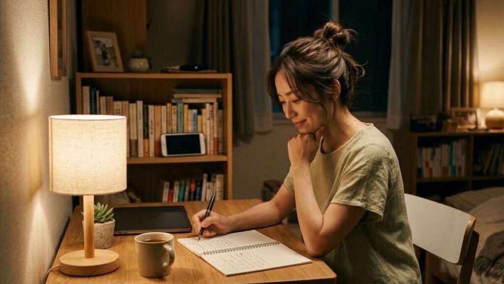 夜の自室で、相手の気持ちを尊重したメッセージの文章構成をメモ帳とペンで深く考える女性。マッチングアプリで付き合う前のLINEの頻度を維持するための丁寧な配慮。