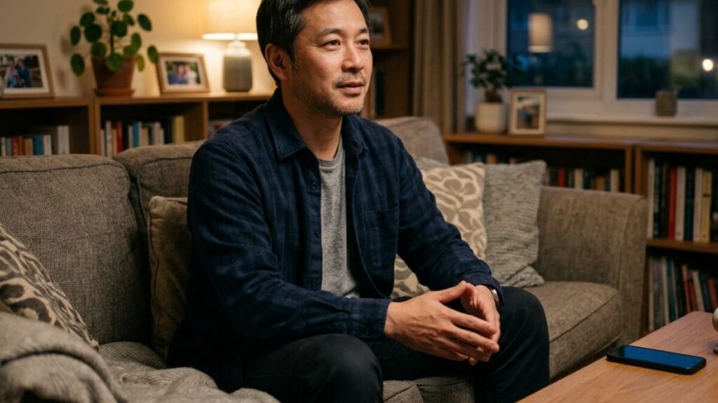 夜の自宅リビングで、リラックスした表情で相手の話を聞く姿勢を見せる40代の男性。マッチングアプリで付き合う前のLINEの頻度において聞き上手を実践する。