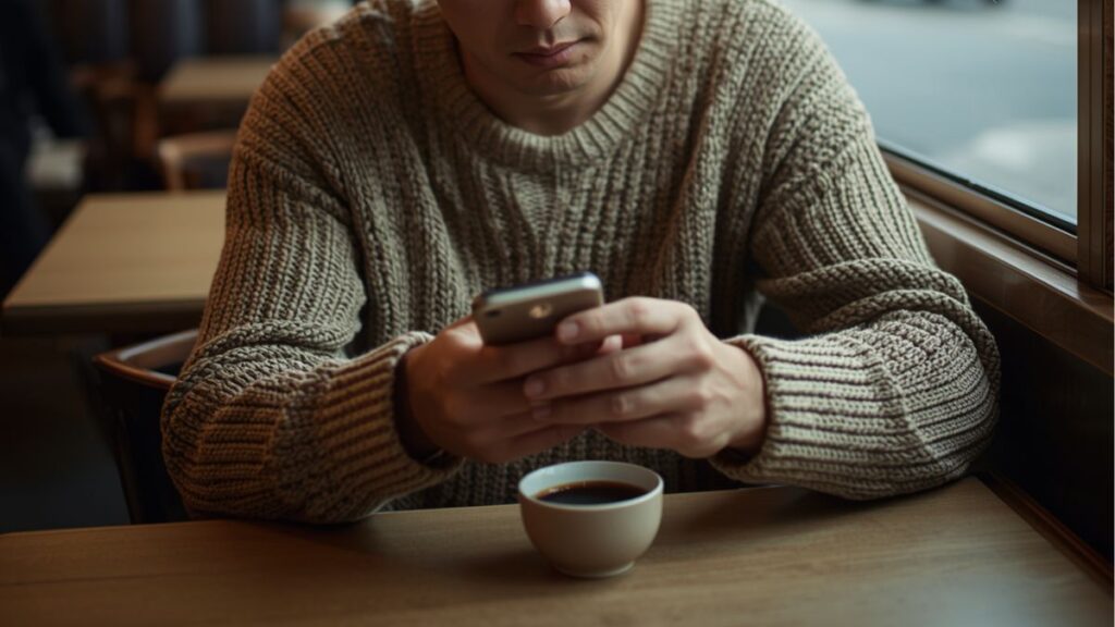 マッチングアプリの遠距離恋愛で、関係が進展しないことに悩み、地方都市のカフェでスマホを見つめる30代男性のリアルな姿。