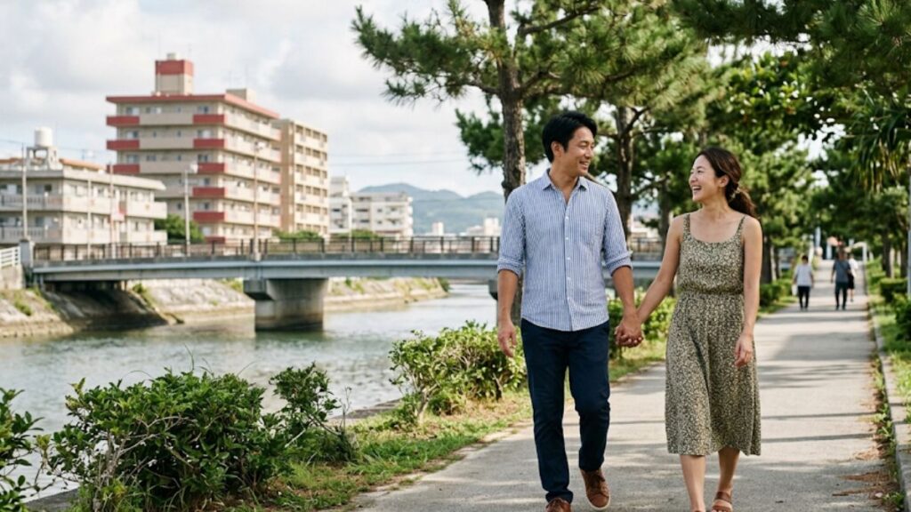 マッチングアプリの遠距離恋愛から、結婚という目標に向けて、地方都市の川べりを手を繋いで穏やかに歩く日本人カップルの自然な笑顔。