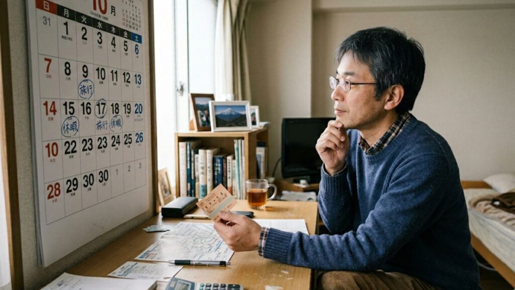自宅の部屋でカレンダーや切符を見ながら予定を思案する男性。マッチングアプリの遠距離における、時間や費用のやりくりを考える現実的な場面です。