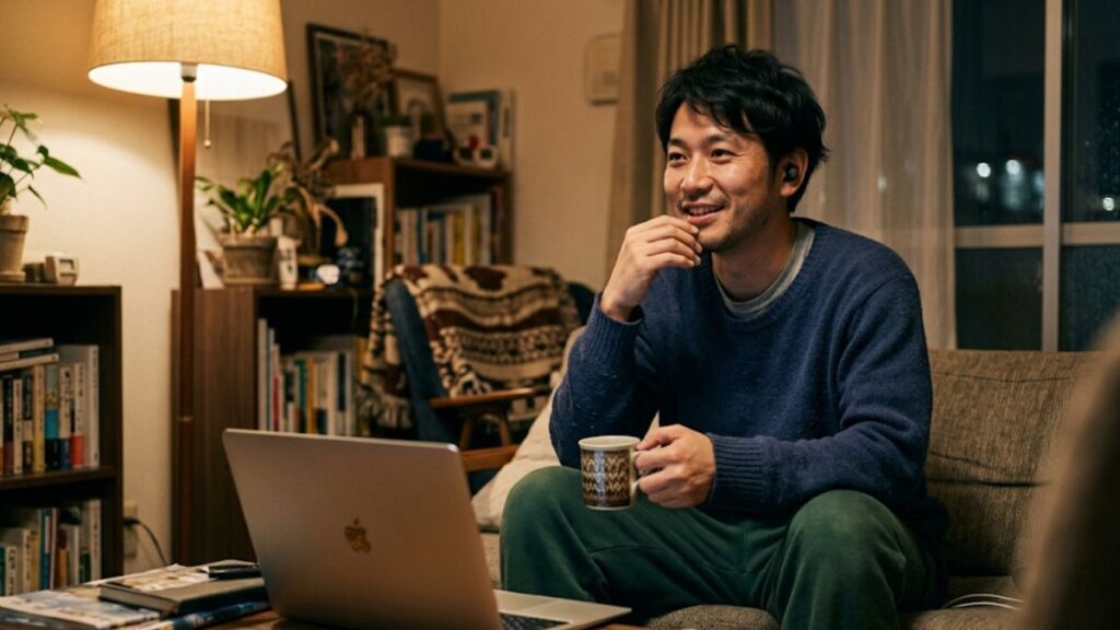 夜の自宅でリラックスしながらイヤホン越しに通話を楽しむ男性。マッチングアプリの遠距離恋愛で、実際に会う前に少しずつ信頼を築く様子です。