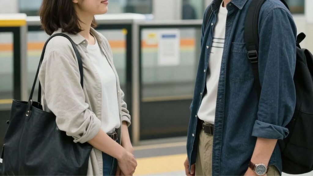 地方の駅の改札付近で待ち合わせをして、照れくさそうに微笑み合う男女。マッチングアプリの遠距離から、実際に行動を起こして会えた瞬間の情景です。