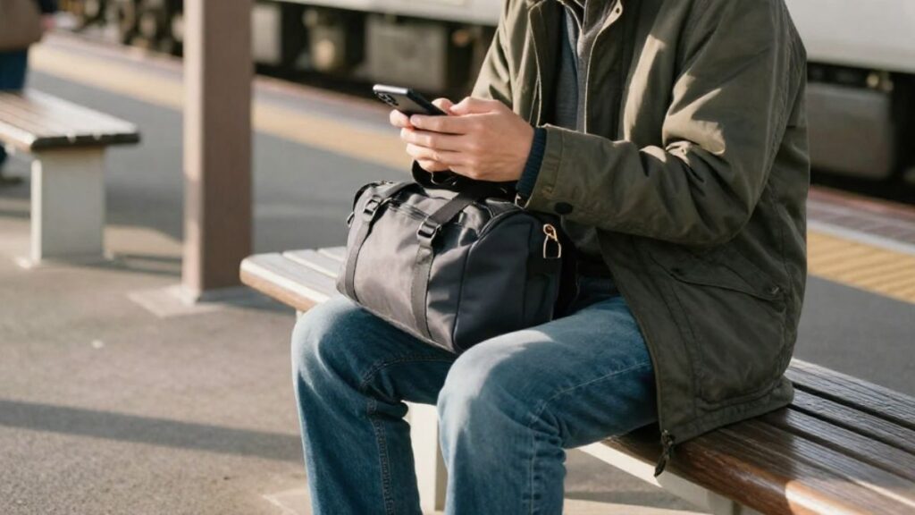 マッチングアプリの遠距離で出会った相手と、初めての泊まりデートに迷いを感じながら地方駅のベンチで待つ30代男性のリアルな姿。